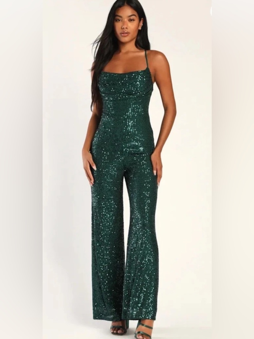 Lulu's Emerald Green Sequin Wide-Leg Jumpsuit